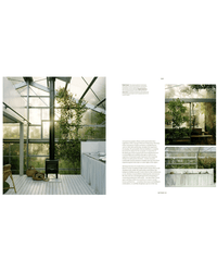The modern greenhouse interior in Outside In by Random House features a wood stove, white floors, greenery, and more—showcasing beautiful homes that seamlessly blend indoor and outdoor spaces. See additional images and text on the adjacent page.