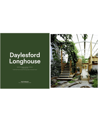 A split image with Outside In by Random House on a green background left, and a lush, plant-filled indoor space with wooden stairs and natural light that highlights beautiful interiors on the right.