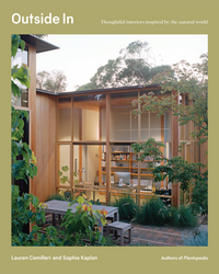 The book cover for Outside In by Random House depicts a modern home with large windows, wooden siding, lush greenery, and a cozy, book-filled interior that blurs the line between indoors and outdoors.