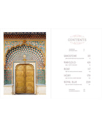 Book contents with decorative door and contents listed on a white background
