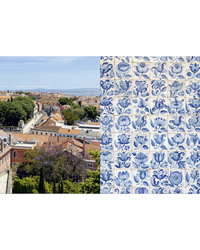 Split image: left, a cityscape with terracotta rooftops and trees; right, blue and white ceramic tile patterns—Patterns of Portugal by Random House captures scenic charm for any Portugal photography enthusiast.