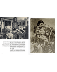 On the left, a vintage living room features the Rattan chair by Random House. On the right, a woman in a floral dress sits on this rattan chair, gazing slightly to the side.