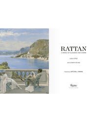 Two people in hats relax on a terrace with elegant rattan furniture, overlooking water and mountains, shown beside the title page for Rattan by Random House.