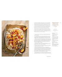 Baked dish with fruit and pastry on a baking tray next to a recipe text.