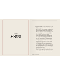 A cookbook spread from Random House’s Soups, Salads, Sandwiches shows Part 1: Soups on the left and an intro on the right about how soups, salads, and sandwiches combine for comforting meals.