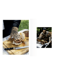 Tattooed individuals prepare dishes from Soups, Salads, Sandwiches by Random House—one assembles sandwiches on a board, another cooks at an outdoor grill.