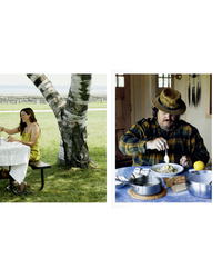 Left: Woman in yellow dress enjoys the outdoors by a birch tree. Right: Man in plaid shirt and hat prepares Soups, Salads, Sandwiches from Random House at the kitchen table.