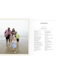 A family of five stands by the beach, while the table of contents for Soups, Salads, Sandwiches by Random House is displayed on the right side of the image.