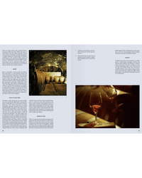 A two-page spread from Spilled Natural Winemakers Stories & Recipes by Random House; left page shows wine barrels in a cellar, right page displays hands pouring natural wine into glasses, both with text.