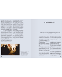 A two-page spread from Spilled Natural Winemakers Stories & Recipes by Random House features a left page with text, a photo of natural winemakers indoors and caption, while the right page, titled A Glossary of Sorts, lists definitions.