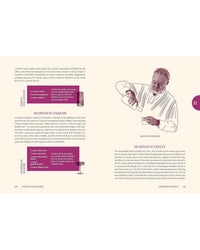 A two-page spread in The Encyclopedia of Cocktails by Random House spotlights the Hemingway Daiquiri, featuring an illustration of Ernest Hemingway pouring a drink and the cocktail’s recipe—a tribute to classic mixology.
