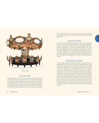 A classic carousel illustration appears on the left page of The Encyclopedia of Cocktails by Random House, with text about carousel history and cocktail culture printed on cream-colored pages.