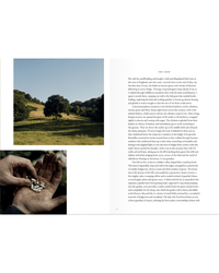 A two-page book spread from The Farm Table by Random House shows a sunlit field, hands holding beans, and a text page titled The Farm—highlighting farm-to-table values and sustainable living.