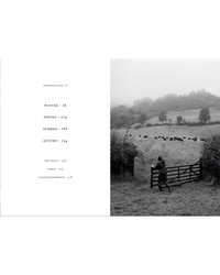A person opens a gate to a rural field, cows in the distance; at left, The Farm Table by Random House displays seasonal recipes and page numbers from its table of contents, evoking farm-to-table freshness.