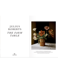 Book title page for The Farm Table by Random House on the left; photo of a vase with colorful tulips on a table, plus a short dedication and mention of seasonal recipes, on the right.
