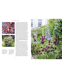 A magazine spread for The New Romantic Garden by Random House features close-ups of pink and purple flowers on the left and a sustainable garden with vivid purple blooms before a white building on the right.