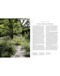 A garden path bordered by lush plants reflects sustainable gardening, while a page titled The New Romantic Garden by Random House hints at enchanting, nature-inspired design.