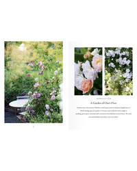 A garden scene with blooming flowers frames a white bench on the left; on the right, close-ups of pink and white roses highlight an intro to The New Romantic Garden by Random House, inspired by English-style gardens.
