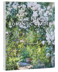 The cover of The New Romantic Garden by Random House features lush white roses and greenery in a sunlit English-style garden, evoking elegance and inspiring timeless garden design.