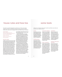 A two-page spread from The Wishbone Kitchen Cookbook by Random House shares house rules, tips, recipes for dinner parties, and a list of essential kitchen tools.