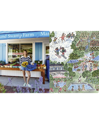 A woman holds sunflowers by a farm market, beside a vibrant farm illustration inspired by The Wishbone Kitchen Cookbook from Random House—perfect for discovering creative new recipes for your next dinner party.