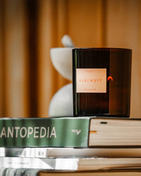 The ROEN Le Grand Ojai Nuit candle, made from coconut soy wax with balsam fir and sandalwood notes, sits atop stacked books—including ANTOPEDIA—against a blurred background.