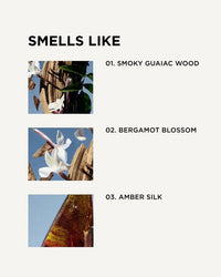 Three square photos display smoky guaiac wood with flowers, bergamot blossom on wood, and amber silk—each labeled with its note from Rosie Jane’s Eau De Parfume in Dylan, a unisex white musk fragrance.