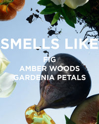A halved fig, amber, gardenia petals, and soil sit on a light blue background with bold white text: FIG AMBER WOODS GARDENIA PETALS—capturing the concentrated scent of Rosie Jane’s Perfume Oil in James.