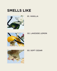 Three photos show: a vanilla flower and stick, lemon peel with leaves, and cedar wood shavings. Each is labeled with its summer fragrance—vanilla, Rosie Jane Eau De Parfume in Lake (lemon), and soft cedar.