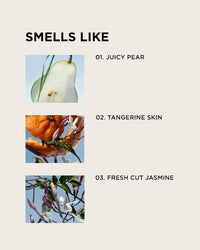 Three images show a sliced pear, peeled tangerine, and jasmine flowers—scents in Rosie Jane’s Eau De Parfume in Leila Lou, featuring juicy pear, tangerine skin, and fresh cut jasmine for a delicate floral fragrance.