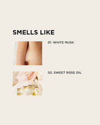 A minimal graphic for Rosie Jane’s Eau De Parfume in Rosie features “SMELLS LIKE,” a cropped arm labeled 01. WHITE MUSK—hinting at a soft skin scent—and white rose petals, 02. SWEET ROSE OIL, capturing the perfume’s essence.