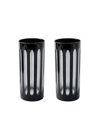 Two tall, cylindrical Empire Highball Tuxedo glasses from SIR / MADAM, featuring vertical clear stripes, are set side by side on a white background.