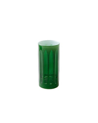 The SIR / MADAM Empire Nips Malachite Set/4 features green glass tumblers with vertical indentations, shown here on a white background—ideal for pairing with shot glasses or enjoyed alongside other Malachite pieces.