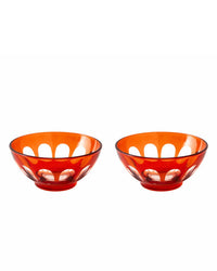 Two orange Rialto Glass Bowl Lolita by SIR / MADAM with clear oval cutout patterns, set of 2, placed side by side on a white background.