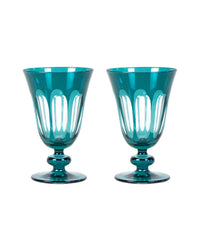 The SIR / MADAM Rialto Glass Tulip Millicent Set/2 features two teal goblets with flared bowls and oval cutouts, highlighting exquisite Venetian-inspired design, displayed together on a white background.
