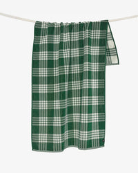 The Slowtide Palaka Woven Beach Towel in Sequoia, featuring a green and white plaid design, hangs on a rope against a plain white background.