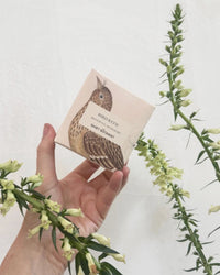 A hand holds a box labeled Bird Bath - Handmade Soap by The Quiet Botanist, featuring a bird illustration and flowering stems against a white background.