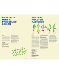 A cookbook page from "Hot Date!" by Chronicle Books showcases two illustrated recipes—“Peas with Mint & Preserved Lemon” and “Butter-Roasted Radishes”—each with vibrant drawings above the text.