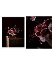 The Artistry of Flowers" by Random House features a still life photo of a bowl with pink and red blooms on a vintage chest, shown both as a full arrangement and in close-up against a dark backdrop—perfect for home decor inspiration.