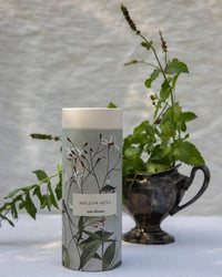 The Mellow Mint Tea Gift Set by The Quiet Botanist sits beside a vintage silver cup with fresh mint branches. Botanical illustrations and a soft background evoke the calming ritual of enjoying peppermint tea.