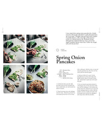 A six-step collage shows hands prepping Scandinavian veggies, mixing dough, and frying pancakes. At right, a recipe titled 'Spring Onion Pancakes' appears above a plate of stacked healthy meals from Veggies, Every Day of the Week by Cozy Publishing.