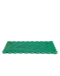 The Casa Amarosa 14in Scallop Resin Rectangular Cheese Board in Green features wavy, scalloped edges and a marbled texture—ideal as a handmade cheese board, shown side view against a white background.