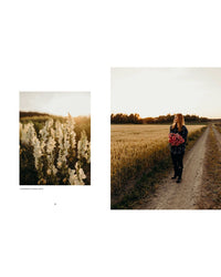 Left: Close-up of white blooms in sunlight. Right: A woman stands by golden wheat at sunset, holding a vivid bouquet. "Where Flowers Bloom" by Cozy Publishing captures nature's beauty and floral inspiration.