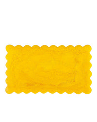 The Casa Amarosa 14in Scallop Resin Rectangular Cheese Board in Mustard features scalloped edges and a textured surface—a stylish yellow tray perfect for serving or pairing with handmade cheese boards.
