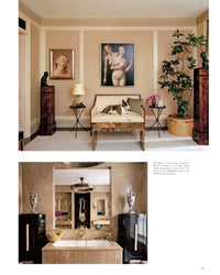 Ad At Home: Architectural Digest by Random House highlights a stylish living space with beige walls, classical artwork, a small sofa with a dog, potted plants, wooden cabinets, plus an elegant bathroom with marble sink and circular mirror.