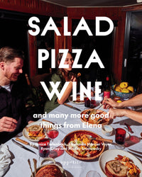 Four people share a meal at a warmly lit table with salads, pizzas, natural wines, and fruit. The book title Salad Pizza Wine by Random House appears at the bottom of the image.