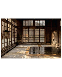 Experience tranquility with Hot Springs by Random House—a serene indoor natural hot springs bath in a wooden building, featuring large grid-patterned windows for soft natural light and views of the outdoors.