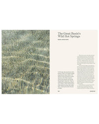 A magazine spread showcases Random House's "Hot Springs," with rippling water on the left and an article about Nevada’s natural hot springs on the right, all set against a light beige background.