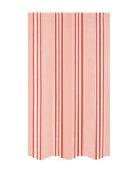 Meri Meri Festive Stripe Guest Towels feature evenly spaced vertical red and pink stripes on pink paper with a scalloped edge—ideal for festive gatherings.