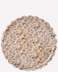 The Meri Meri x Liberty June Blossom Large Tray features a scalloped edge and dense Liberty floral pattern in red, yellow, blue, and white—an ideal charming accent for any setting.